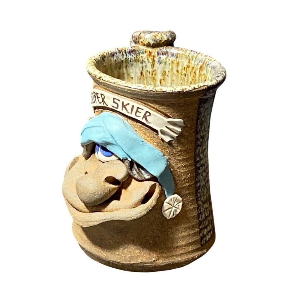 Handmade Ceramic Mug With Comical Super Skier Design & Blue Hat